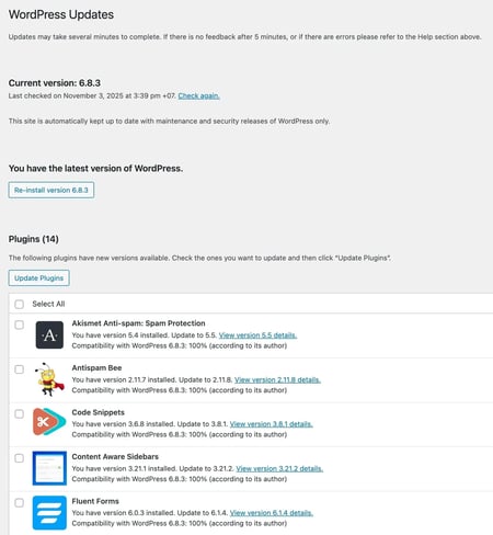 an example of a wordpress website with out-of-date plugins from improper website maintenance